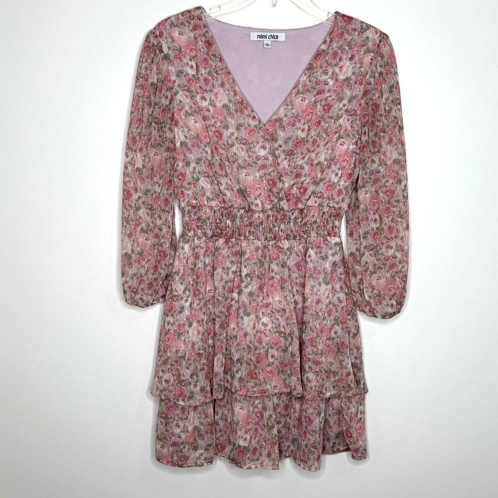 Mimi Chica Pink Floral Tiered Mini Dress Quarter Sleeve Size Medium Boho